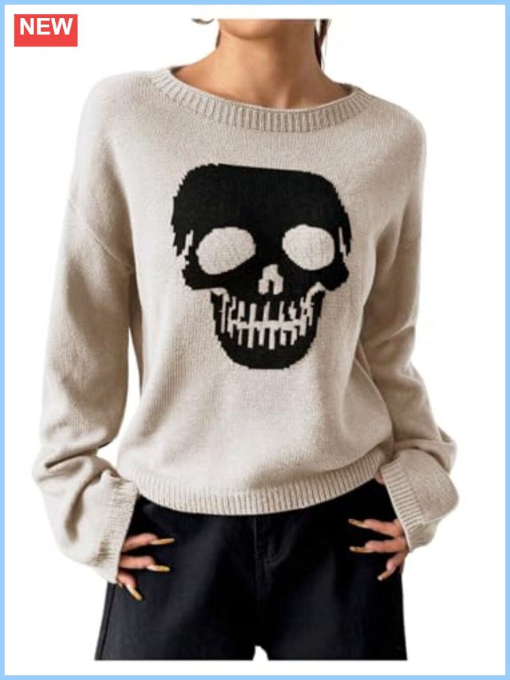 Skull Graphic Pullover Sweater Long Sleeve Drop Shoulder Loose Fit Knit Top Fall